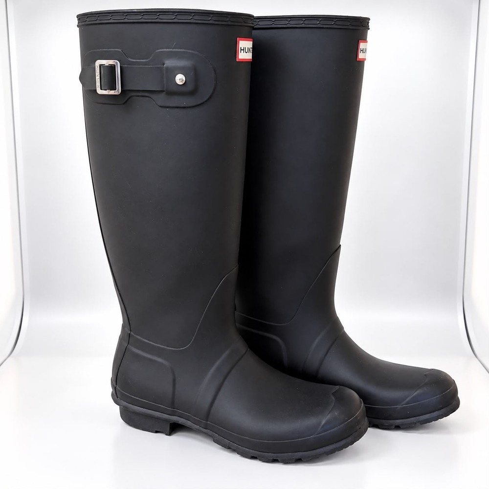 Hunter Original Tall Rain Boots 9 Women Black Matte Waterproof Buckle Knee High